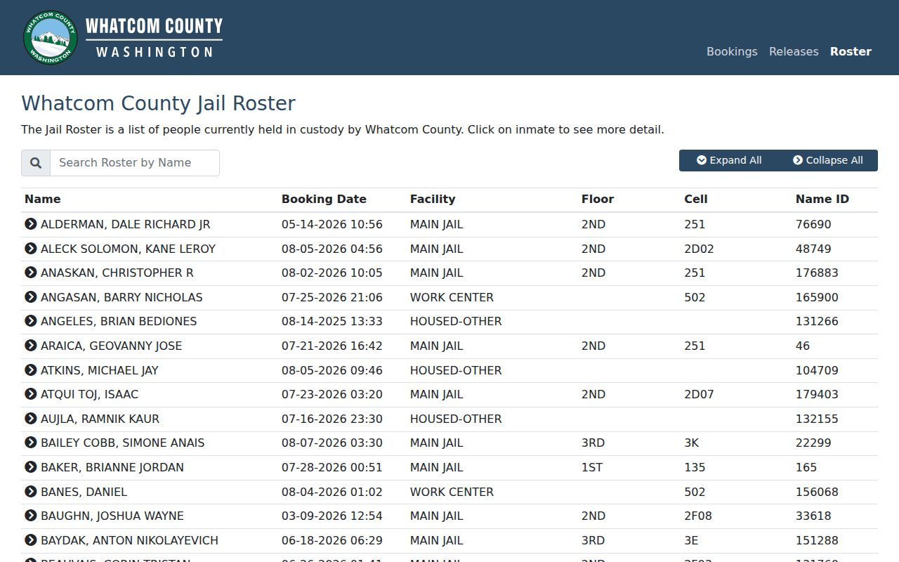 Whatcom County arrest current jail roster interface